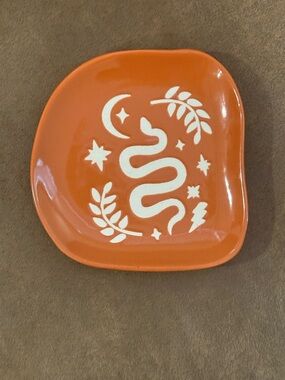 Boho Orange Ceramic Trinket Dish White Snake Motif Chinese Zodiac Lunar Plate